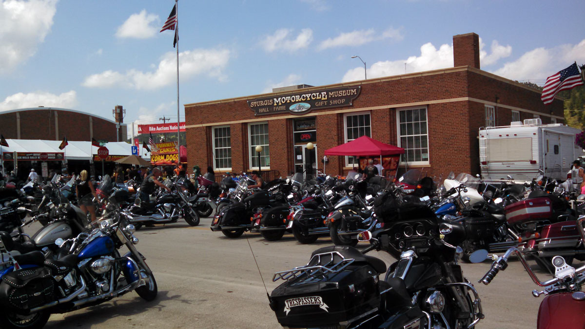 Photo of bykers riding near the Sturgis Motorcycle Museum.